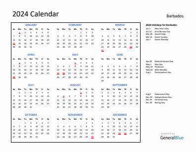 Barbados current year calendar 2024 with holidays