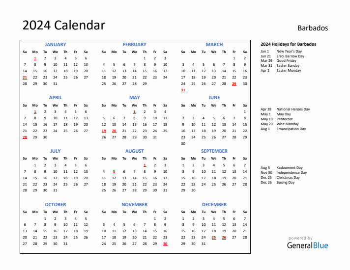 2024 Calendar with Holidays for Barbados