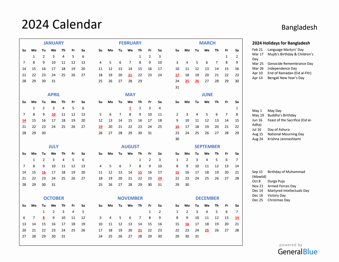 2024 Calendar with Holidays for Bangladesh