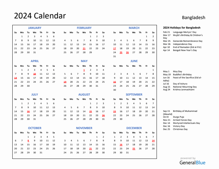 2024 Calendar Plain With Holidays Landscape Sunday Start En Bd 712x550 