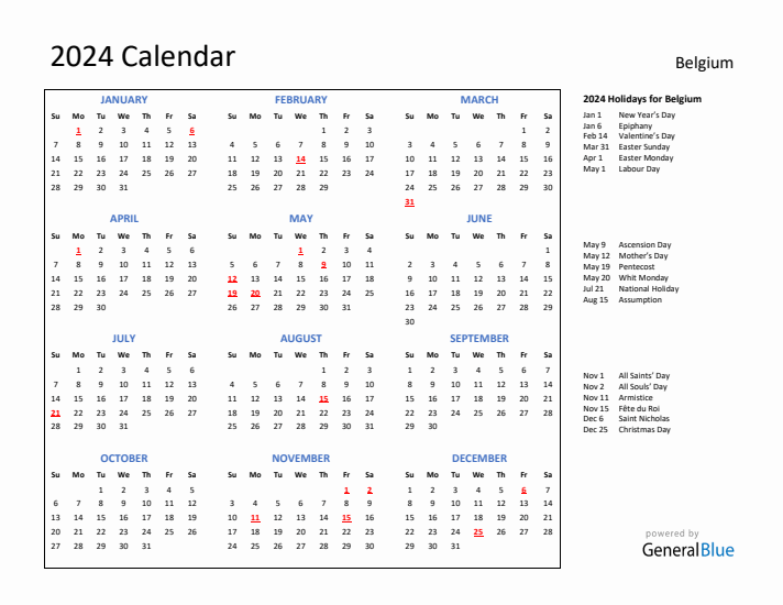 2024 Calendar with Holidays for Belgium