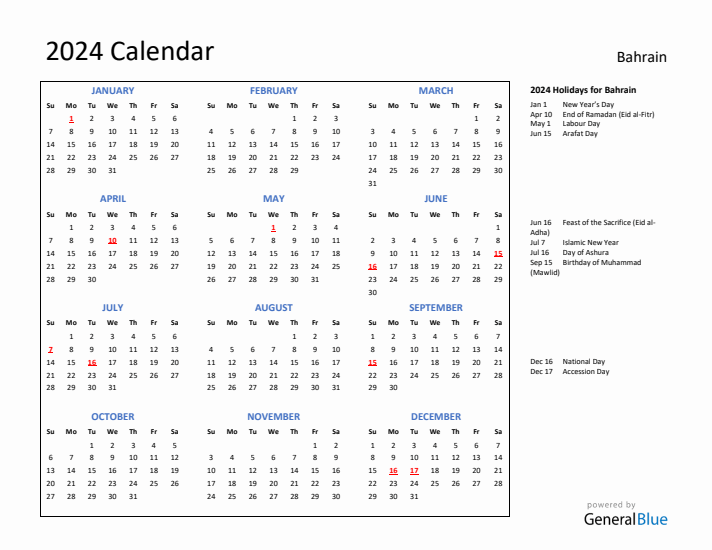 2024 Bahrain Calendar with Holidays
