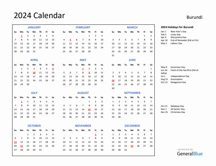 2024 Calendar with Holidays for Burundi