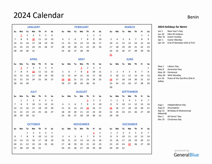 2024 Calendar with Holidays for Benin