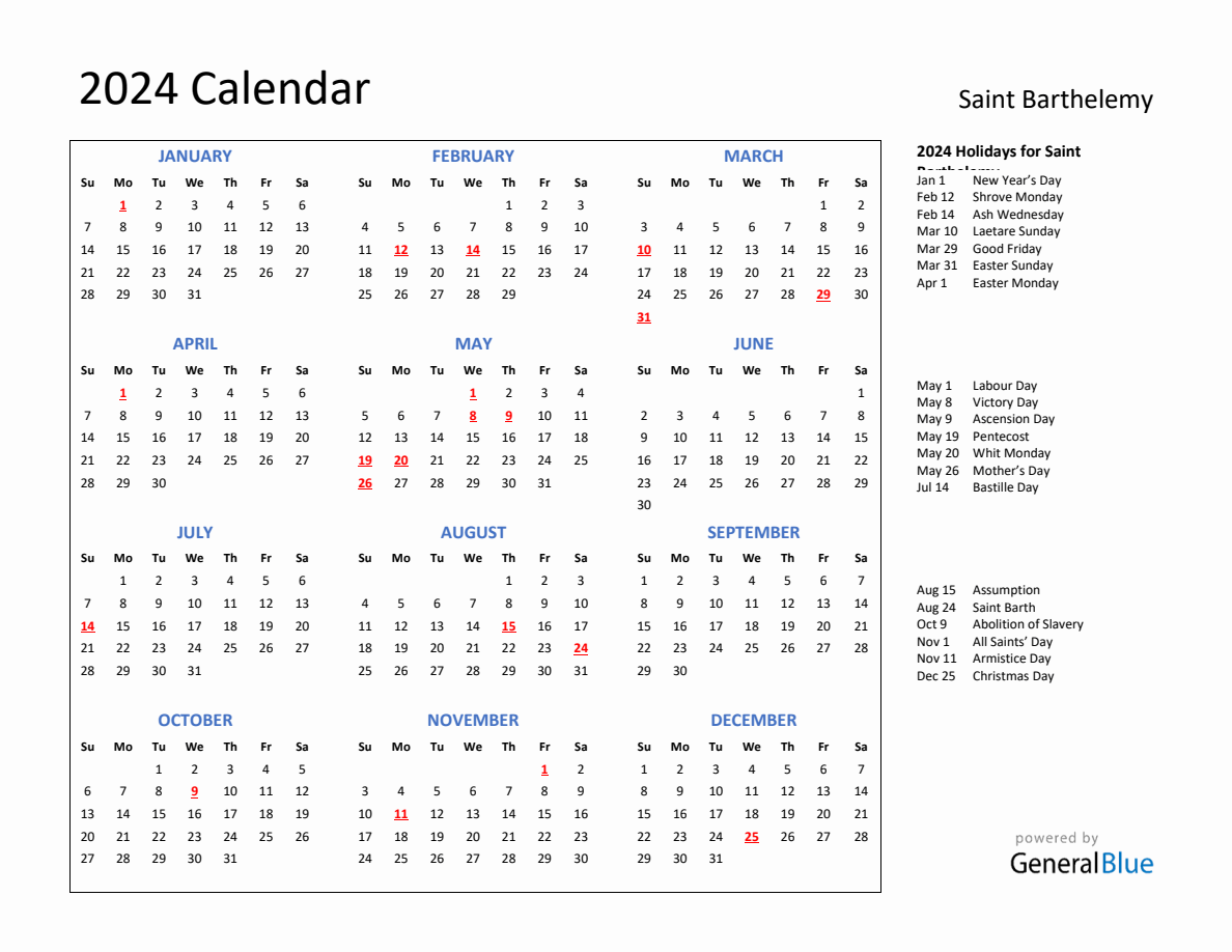 2024 Calendar with Holidays for Saint Barthelemy