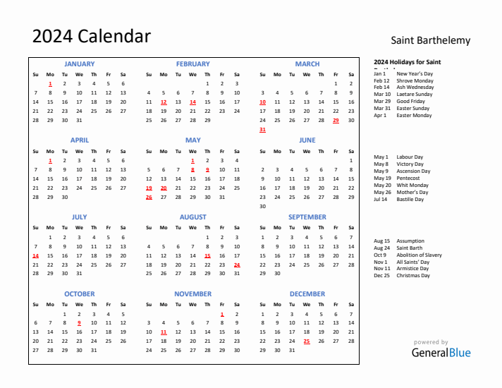 2024 Calendar with Holidays for Saint Barthelemy
