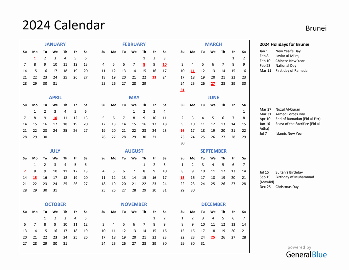 2024 Calendar with Holidays for Brunei