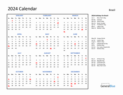 Brazil current year calendar 2024 with holidays
