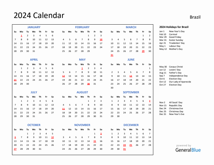 2024 Calendar with Holidays for Brazil
