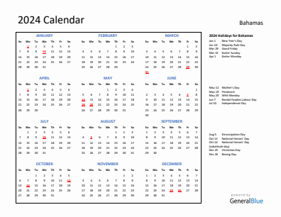 Bahamas current year calendar 2024 with holidays
