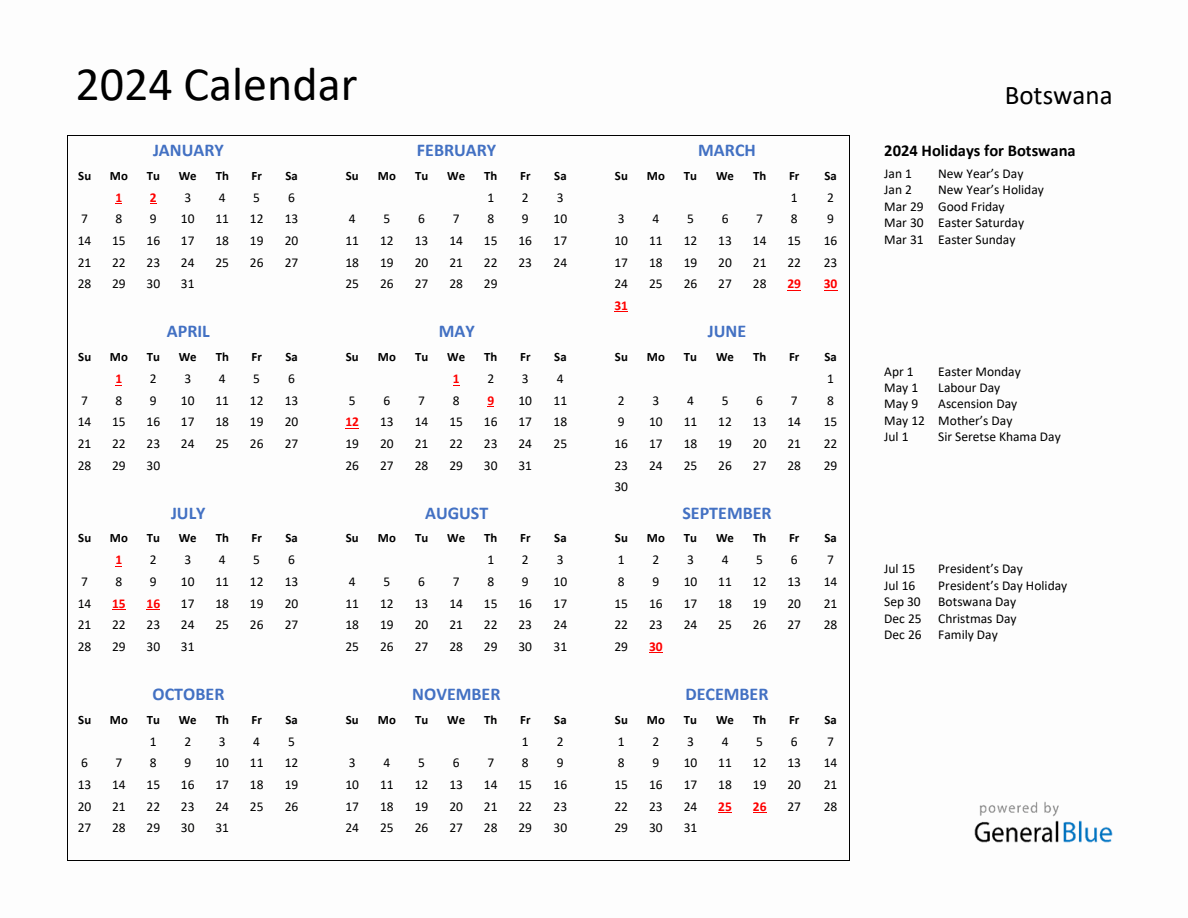 2025 Calendar with Holidays for Botswana