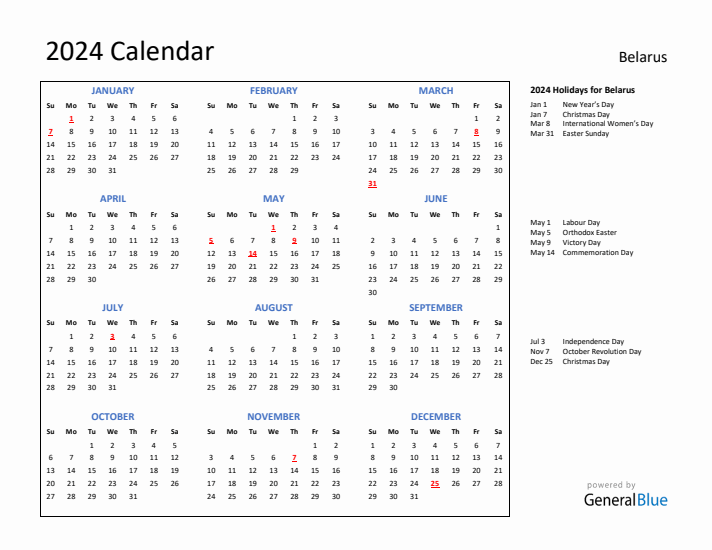 2024 Calendar with Holidays for Belarus