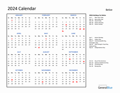 Belize current year calendar 2024 with holidays