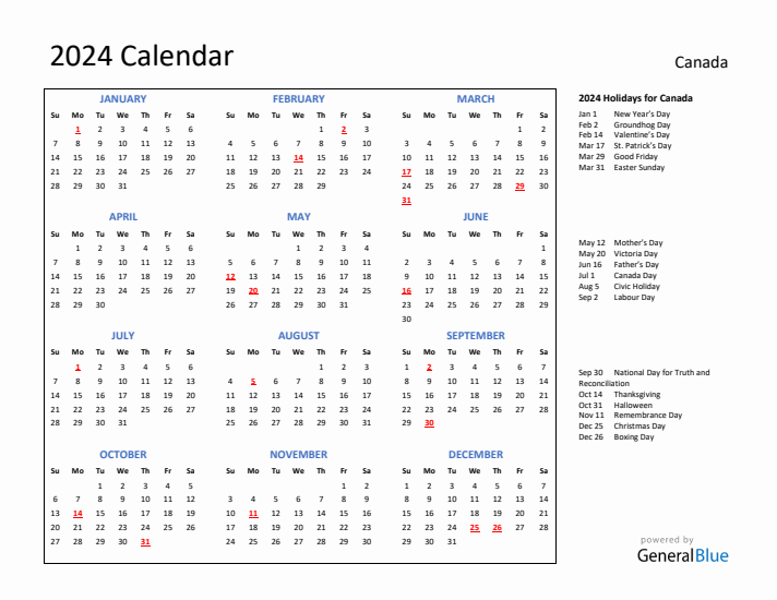 2024 Calendar with Holidays for Canada