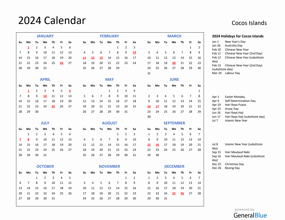 2024 Calendar with Holidays for Cocos Islands