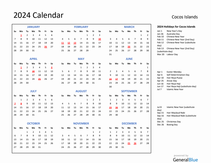 2024 Calendar with Holidays for Cocos Islands