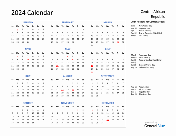 2024 Calendar with Holidays for Central African Republic