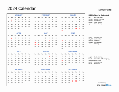 Switzerland current year calendar 2024 with holidays