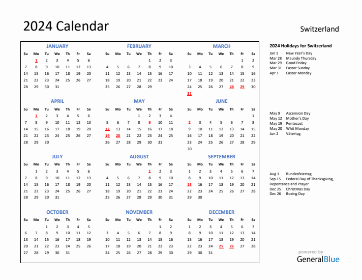 2024 Calendar with Holidays for Switzerland