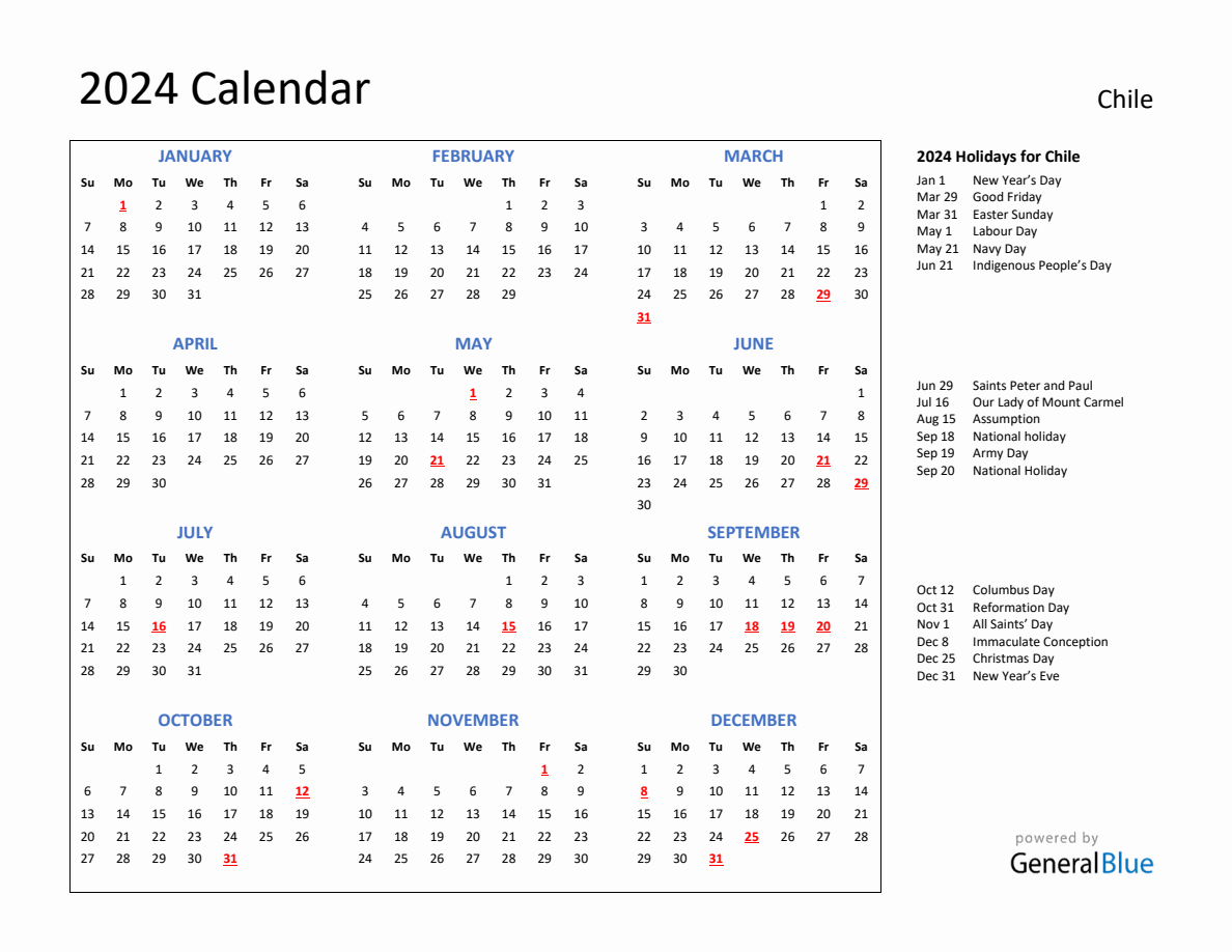 2024 Calendar with Holidays for Chile