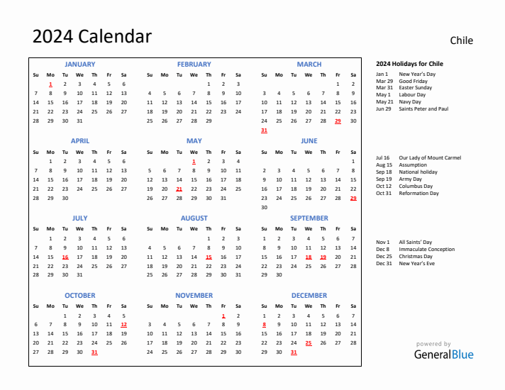 2024 Calendar with Holidays for Chile