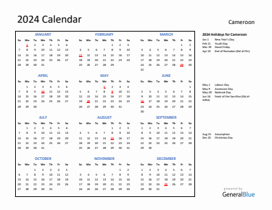 Cameroon current year calendar 2024 with holidays