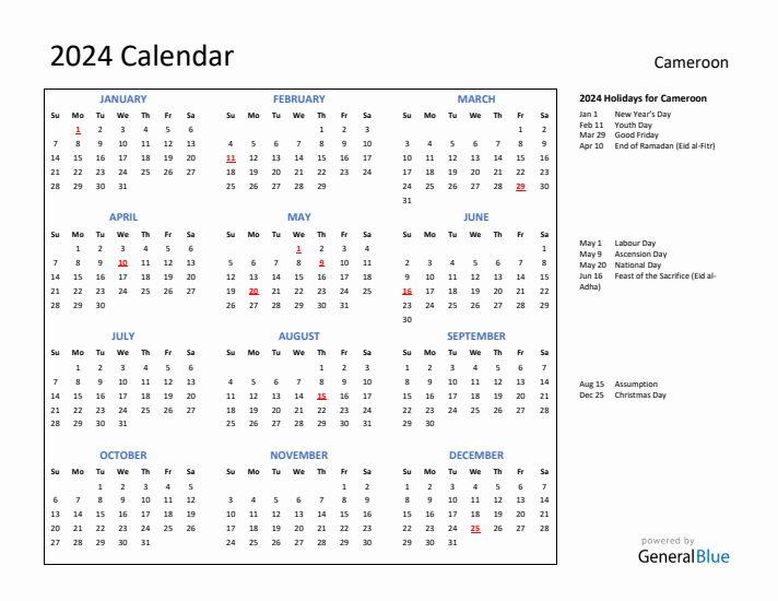 2024 Calendar with Holidays for Cameroon