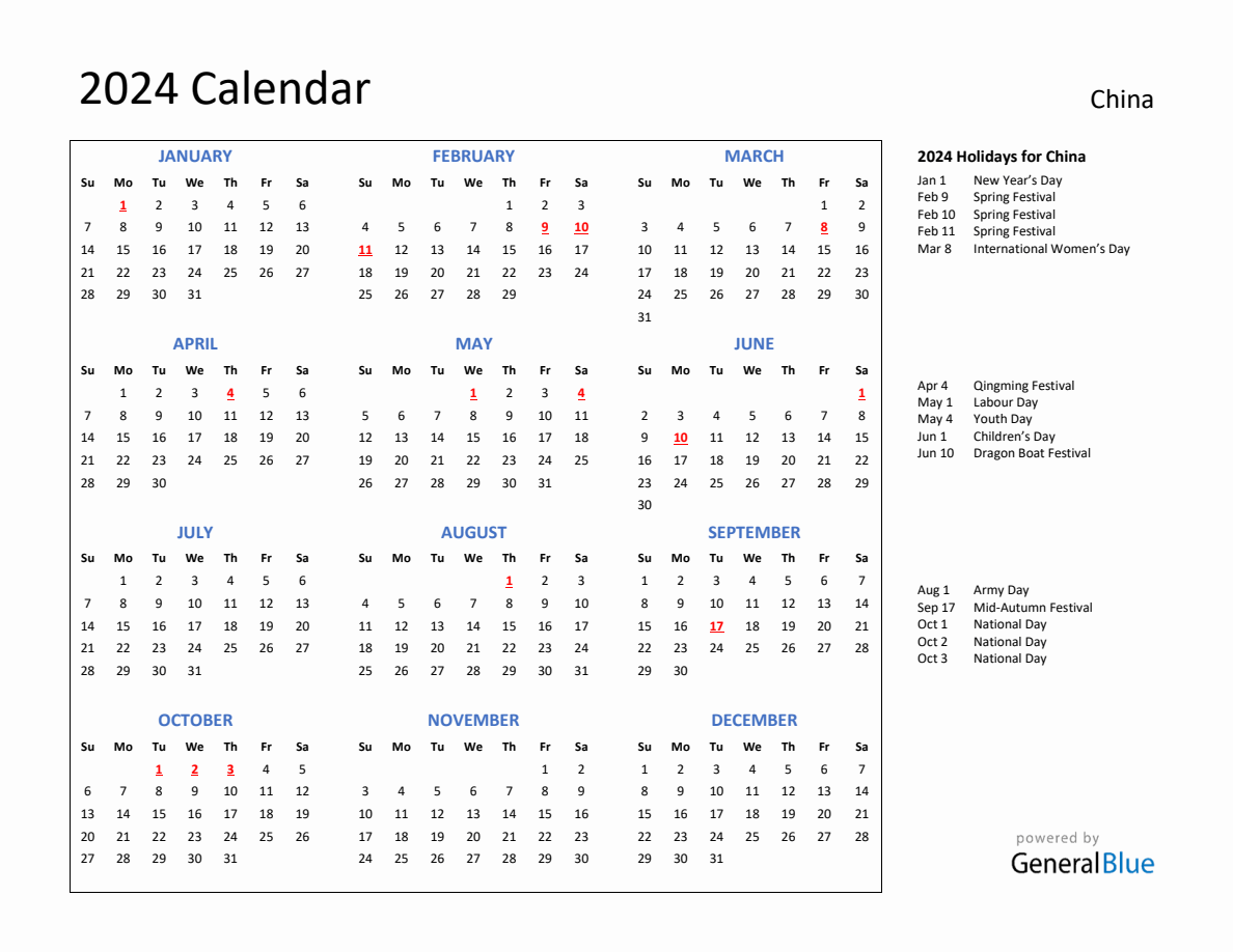 2024 Calendar with Holidays for China