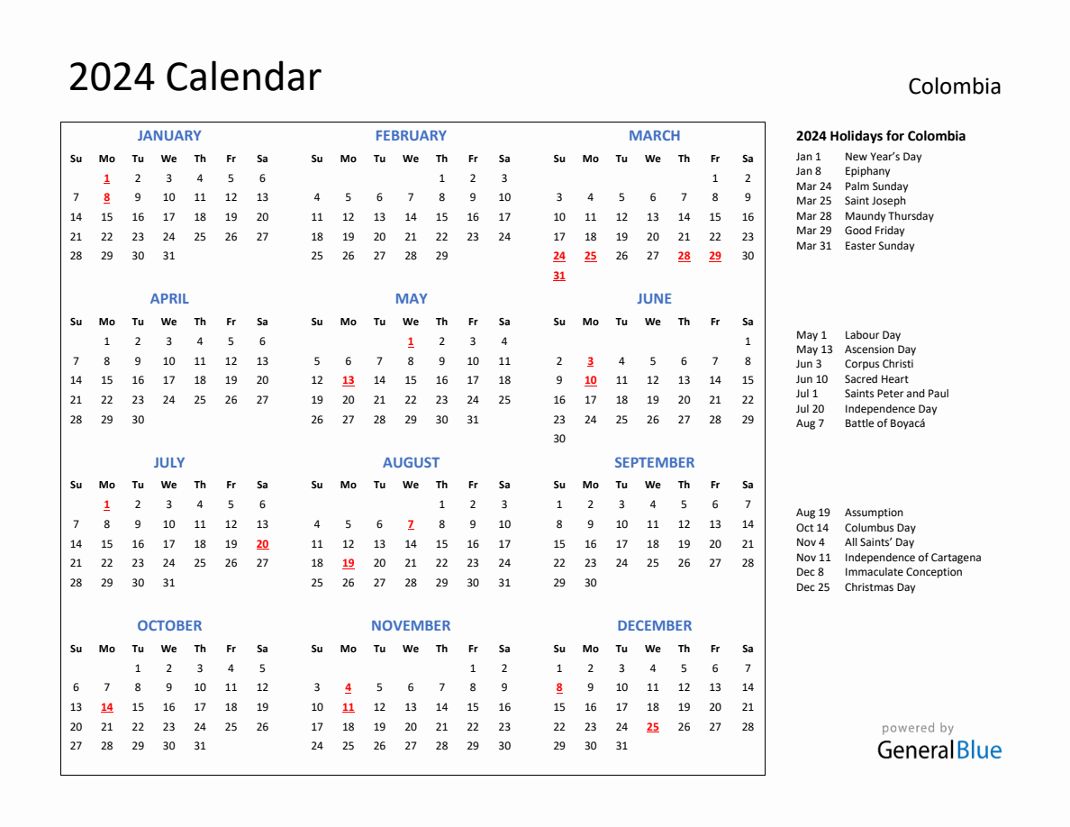 2024 Calendar with Holidays for Colombia