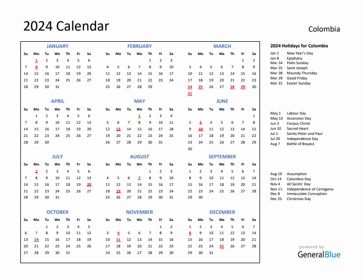 2024 Calendar with Holidays for Colombia