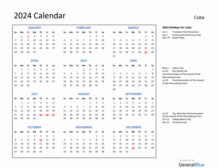 2024 Calendar with Holidays for Cuba