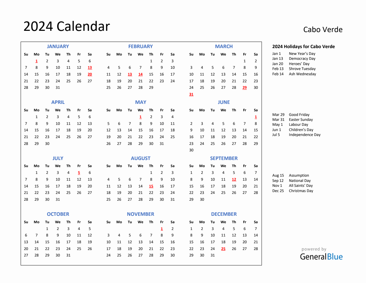 2024 Calendar with Holidays for Cabo Verde