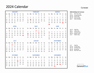 Curacao current year calendar 2024 with holidays