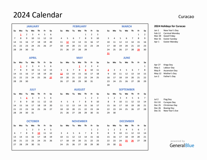 2024 Calendar with Holidays for Curacao
