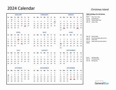Christmas Island current year calendar 2024 with holidays