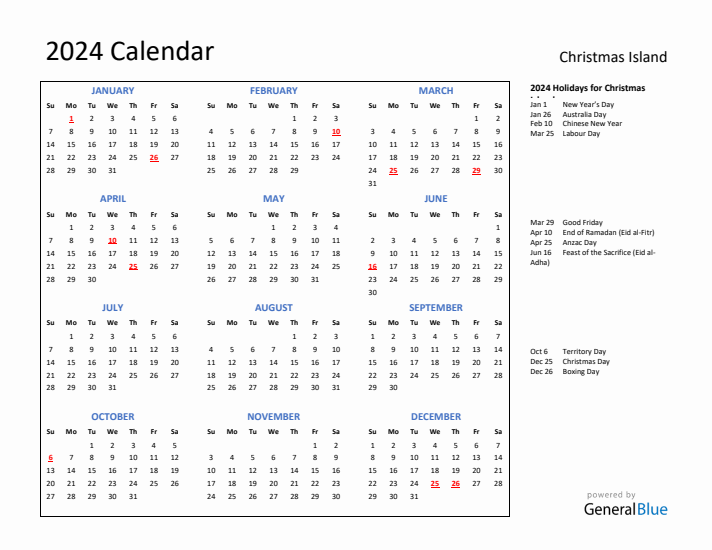 2024 Calendar with Holidays for Christmas Island