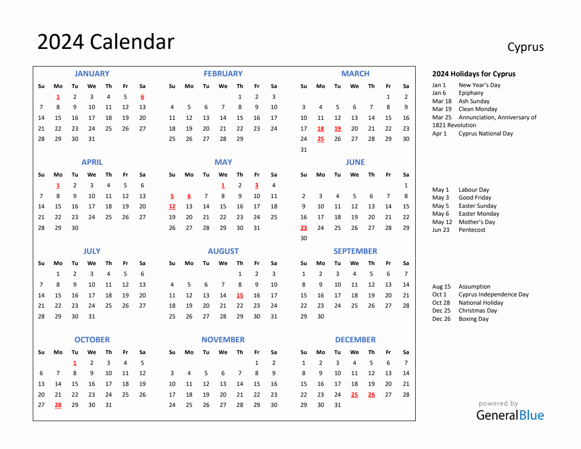 2024 Calendar with Holidays for Cyprus