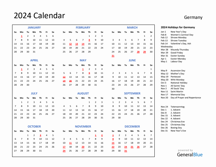 2024 Calendar with Holidays for Germany