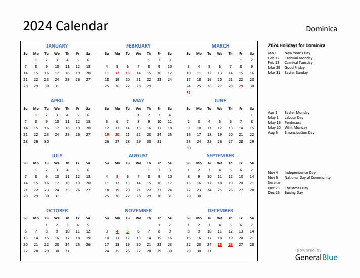2024 Calendar with Holidays for Dominica