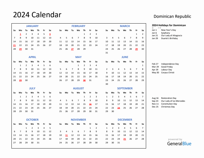 2024 Calendar with Holidays for Dominican Republic
