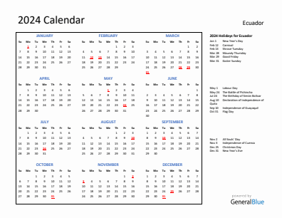Ecuador current year calendar 2024 with holidays