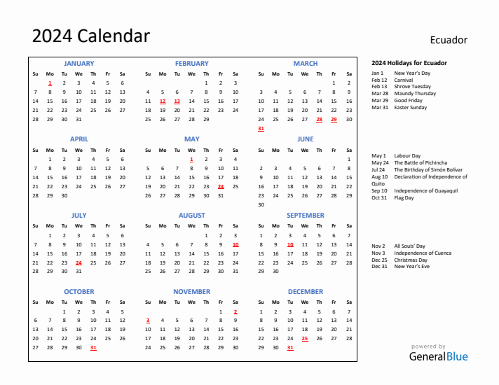 2024 Calendar with Holidays for Ecuador