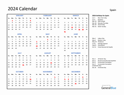 Spain current year calendar 2024 with holidays