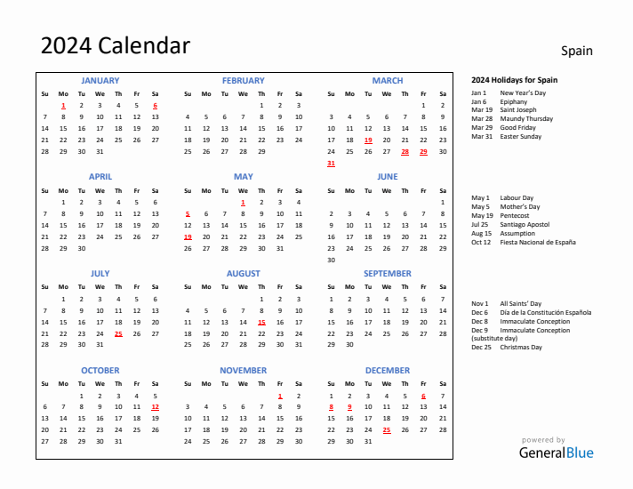 2024 Calendar with Holidays for Spain