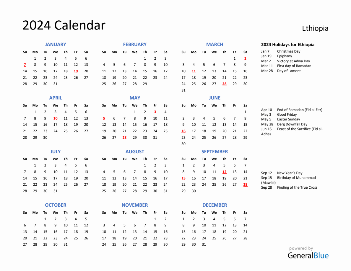 2024 Calendar with Holidays for Ethiopia