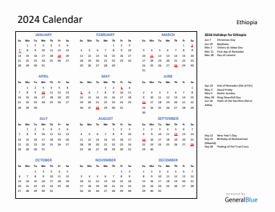 Ethiopia current year calendar 2024 with holidays