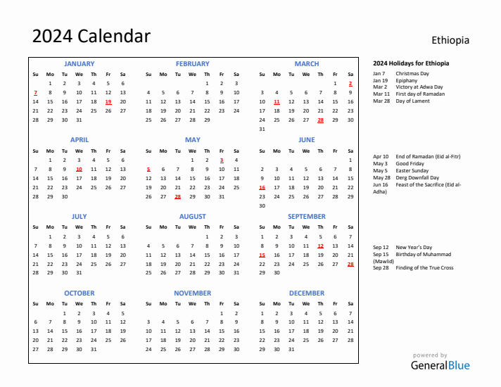 2024 Calendar with Holidays for Ethiopia