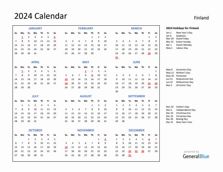 2024 Calendar with Holidays for Finland