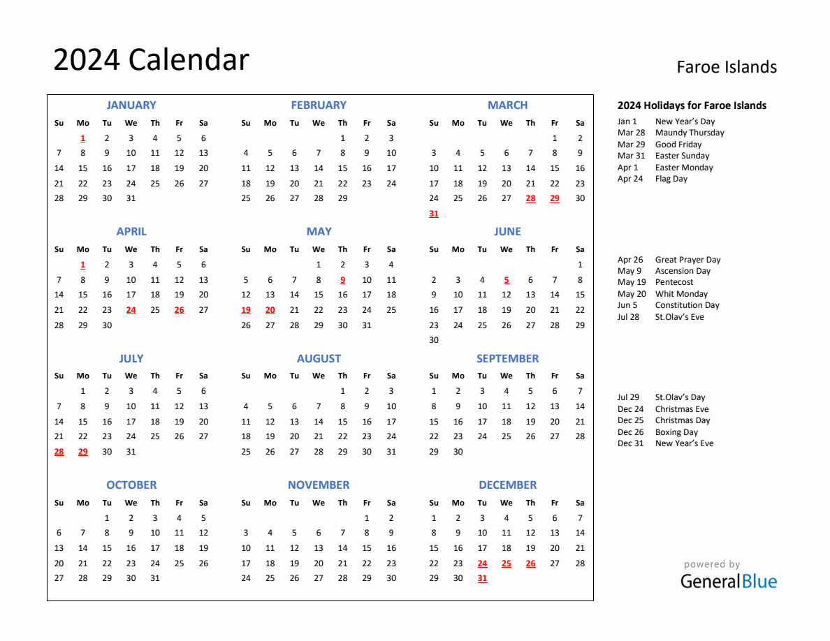 2024 Calendar with Holidays for Faroe Islands