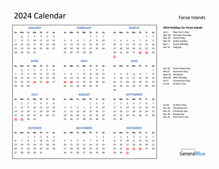 2024 Calendar with Holidays for Faroe Islands